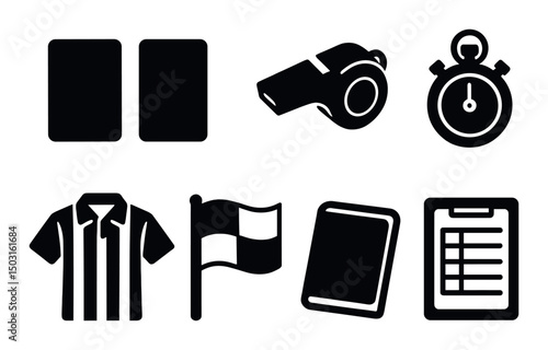 Referee essentials silhouette icons set – outline, officiate and sports symbols