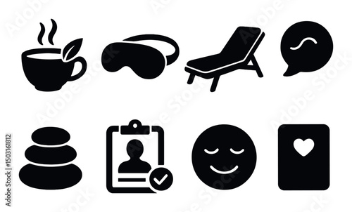 Post massage relaxation icons set – silhouette, spa and wellness symbols collection