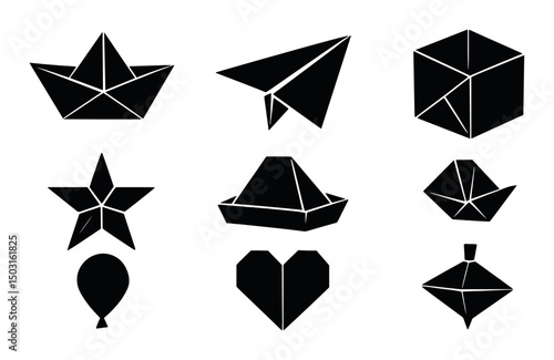 Origami silhouette icons set – paper folding, craft, and design symbols
