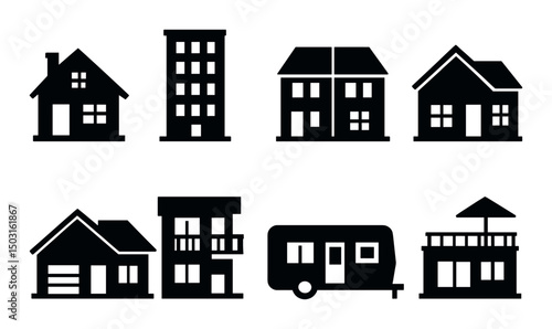 Residential property silhouette icons set – housing, home, real estate symbols