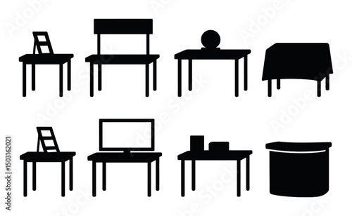 Exhibition table silhouette icons set – minimalist, simple event and display symbols