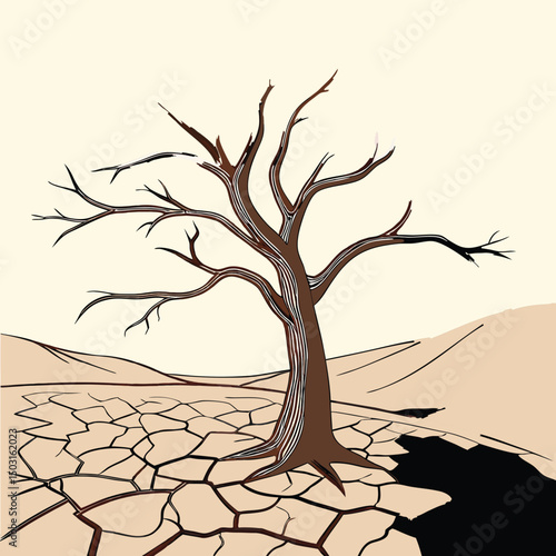 Realistic Dead Tree Vector Illustration in Desert Landscape Dry Arid Nature Drought Survival Scene

