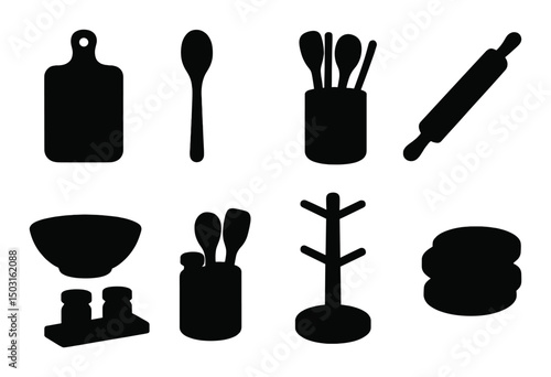 Wooden kitchenware silhouette icons set – culinary, cooking, utensils design elements