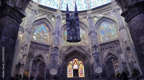 Gothic Church Interior Stained Glass, Arches, Architecture. Elegant and Mystical Ambience 4K.