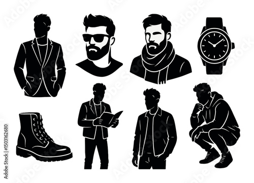 Stylish man silhouette icons set – trendy male fashion, modern gentleman graphics