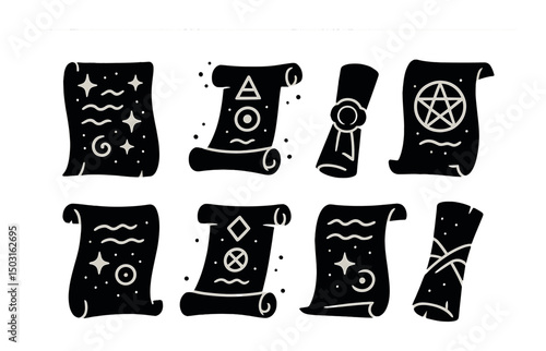 Enchanted scroll silhouette icons set – mystic, magic and fantasy symbols collection