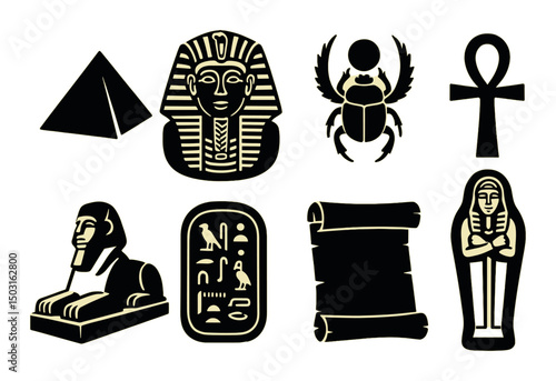 Ancient egypt silhouette icons set – pharaoh, hieroglyphs, and mythic symbols