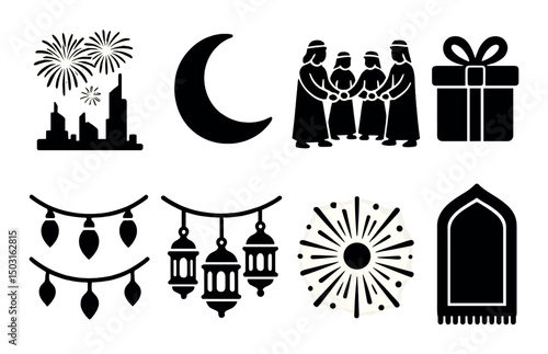 Uae festival silhouette icons set – simple, celebration and cultural symbol designs