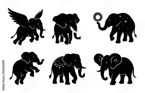 Magical elephant silhouette icons set – whimsical, enchanting animal designs