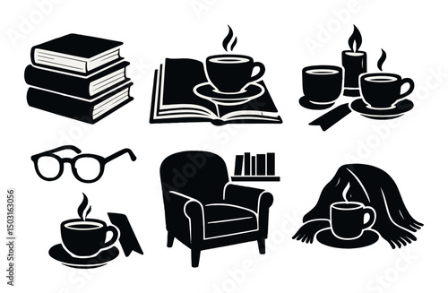 Tea and books silhouette icons set – cozy, reading and relaxation symbols