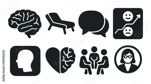 Mental health silhouette icons set – therapy, well-being and support symbol collection