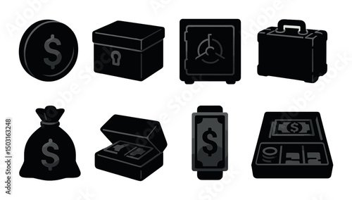 Money storage silhouette icons set – banking, finance and security symbols