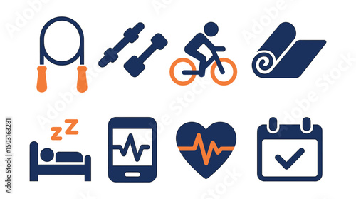 Two-Color vector icons of fitness and health: jump rope, dumbbells, cycling icon, yoga mat. Rest day icon, pulse monitor, heart rate zone, training schedule.