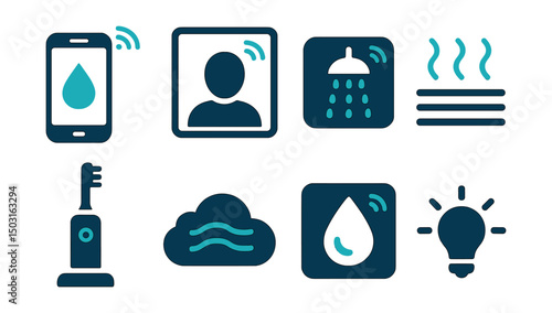 Two-Color vector icons of smart bathroom: water usage monitor, smart mirror, digital shower control, heated floor icon. Toothbrush charging, air quality icon, humidity control, light mood icon.