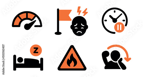 Two-Color vector icons of burnout prevention: energy meter, red flag icon, rest reminder, work boundary. Emotional overload, pause icon, burnout warning, recovery time.