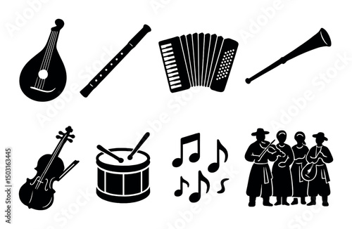Ukrainian folk music icons set – silhouette, traditional and cultural instrument symbols