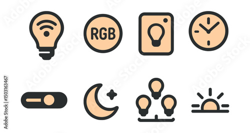 Two-Color vector icons of home lighting: smart bulb, RGB control, scene selector, lighting schedule. Dimmer bar, night mode icon, group control icon, sunrise timer.