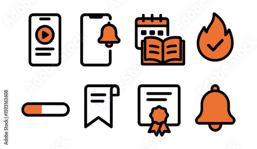 Two-Color vector icons of e-learning apps: mobile course, app notifications, daily lesson icon, knowledge streak. Course progress bar, saved lesson, app certificate, learning reminder.