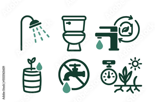 Two-Color vector icons of water conservation: short shower icon, dual flush toilet, low-flow tap, greywater reuse. Rain barrel, no leak sign, water timer, drought-friendly plant.