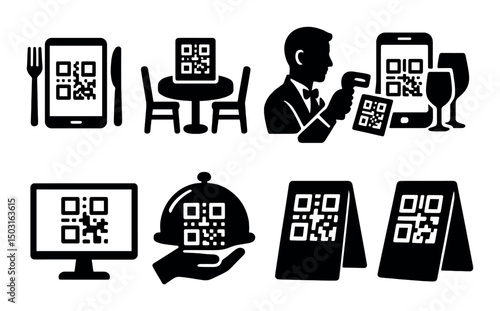 Restaurant qr code silhouette icons set – dining, digital menu, and scanning symbols