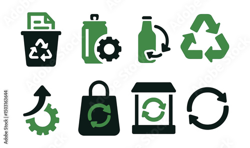 Two-Color vector icons of recycling and reuse: paper bin, metal icon, glass bottle return, recycle triangle. Upcycling icon, reuse bag, return station, circular economy.