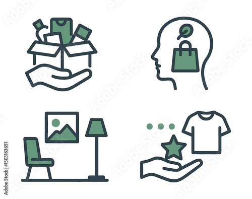 Two-Color vector icons of minimal living: declutter icon, mindful buying, simple room icon, quality over quantity. One-in one-out, value-based shopping, less is more icon, clean design.