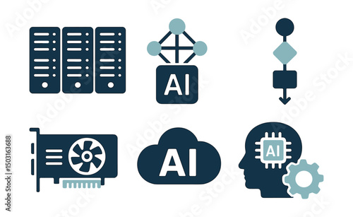 Two-Color vector icons of AI infrastructure: data center, training model, algorithm flow, compute cluster. GPU unit, AI cloud icon, inference icon, data processing.