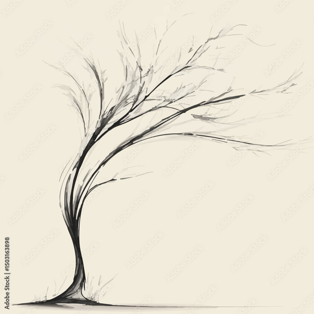 Fototapeta premium Windswept tree sketch in monochrome tones