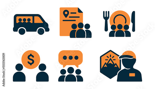 Two-Color vector icons of group trips: shared van, group itinerary, photo group icon, meal reservation. Shared cost icon, group chat bubble, adventure badge, trip leader.