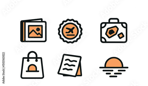 Two-Color vector icons of travel memories: photo album, travel stamp, luggage sticker, ticket stub. Souvenir bag, handwritten note, memory box, sunset icon.