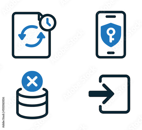 Two-Color vector icons of digital hygiene: update reminder, app permissions, data clear icon, logout symbol. Software patch, device scan, access revoke, auto-lock.