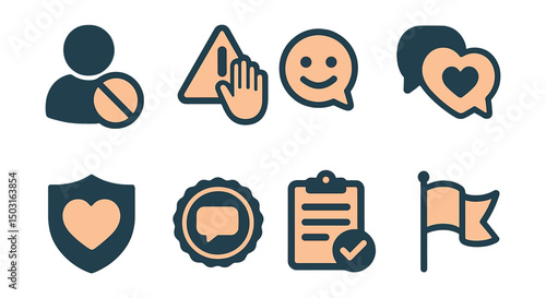 Two-Color vector icons of cyberbullying defense: block user, report abuse, calm message icon, support chat. Safe space icon, words matter badge, response guide, flag post.