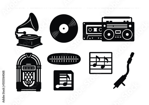 Vintage music icons set – silhouette, retro, audio and classic sound elements