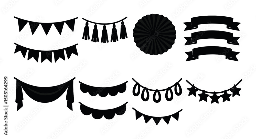 Naklejka premium Decorative banner silhouette icons set – festive, celebration and party symbols