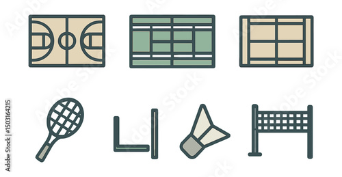 Outline with Fill vector icons of court sports: basketball court, tennis court, badminton net, volleyball court, racket grip, court lines, judge chair, net post.