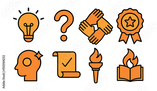 Outline with Fill style icons of educational values: lightbulb idea, question mark, teamwork hands, respect badge, curiosity spark, honesty scroll, leadership torch, learning flame.