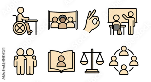 Outline with Fill style icons of inclusive education: wheelchair desk, diversity banner, sign language symbol, accessible classroom, peer mentor, inclusive book, equity scale, community circle.