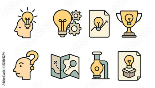 Outline with Fill icon set for innovation and discovery: eureka icon, lightbulb and gears, breakthrough document, innovation award, idea pipeline, curious mind, discovery map, prototype sketch.