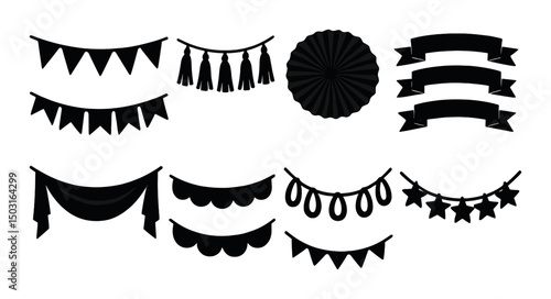 Decorative banner silhouette icons set – festive, celebration and party symbols