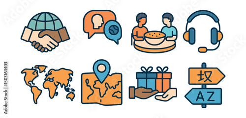 Outline with Fill vector icons of intercultural exchange: handshake globe, cultural dialogue, shared meal, translator headset, world map pin, travel journal, gift exchange, multilingual sign.