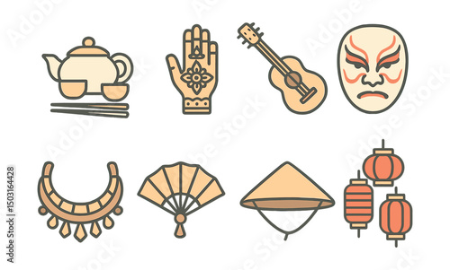 Outline with Fill style icons of world traditions: tea ceremony set, henna hand, mariachi guitar, kabuki mask, tribal necklace, ceremonial fan, cultural hat, lantern display.