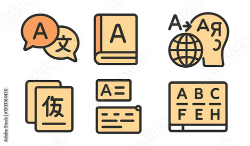 Outline with Fill style icons of global languages: speech bubble, language book, translation arrows, globe with letters, multilingual icon, writing system chart, phrase card, sign language hand.