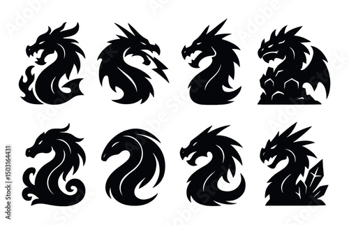 Elemental dragons silhouette icons set – mythical, fantasy creature symbols