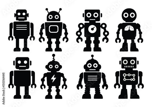 Retro robot silhouette icons set – vintage, mechanical and retro-futuristic symbols