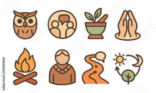 Outline with Fill style icons of indigenous knowledge: wisdom symbol, storytelling circle, native plant use, healing practice, ceremonial fire, elder icon, oral tradition path, nature cycles.