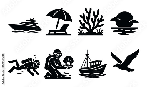Uae coastal silhouette icons set – beach, seaside and ocean life symbols