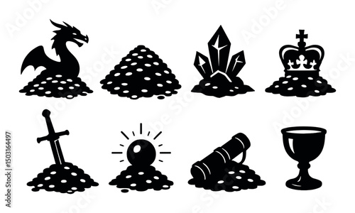 Dragon's treasure silhouette icons set – fantasy, myth, adventure symbols
