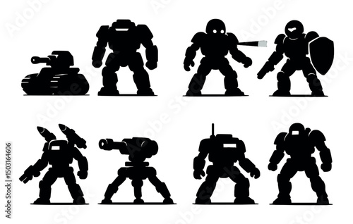 Combat robots silhouette icons set - military, warfare, machine designs