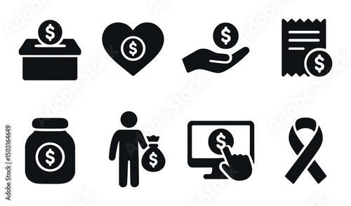 Charity silhouette icons set – donation, fundraising, and nonprofit graphic symbols