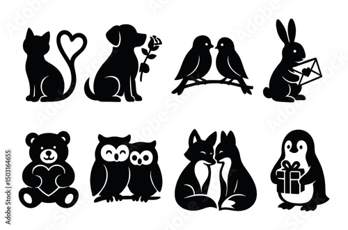Valentine animals silhouette icons set – love, romantic wildlife and cute heart symbols